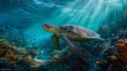 Obraz premium 絢爛なサンゴ礁を泳ぐ緑亀の肖像
