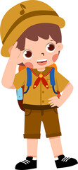 Cartoon Boy Scout Saluting, Backpack, and Safari Hat Illustration