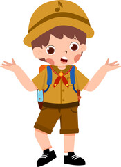 Boy in scout uniform, hands outstretched, cartoon illustration.