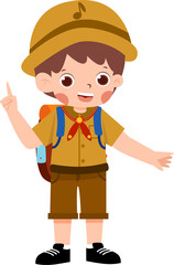Cartoon Boy Scout with Backpack, Hat, and Raised Finger.