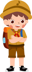 Smiling Boy Scout with Backpack and Safari Hat, Arms Crossed.