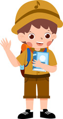 Boy Scout Waving, Adventure Bound, Brown Uniform, Blue Backpack, Illustration.