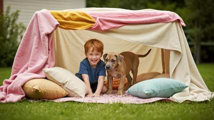Happy red-haired boy and his puppy in a blanket fort outdoors. Child and his pet playing in a homemade tent in the backyard.