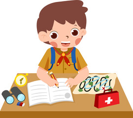 Young Explorer Planning Adventure: Cartoon Boy with Map, Compass, and First Aid.