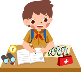 Young Explorer Planning Adventure: Cartoon Boy with Map, Compass, and First Aid.