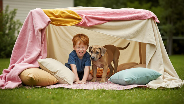 Happy red-haired boy and his puppy in a blanket fort outdoors. Child and his pet playing in a homemade tent in the backyard.