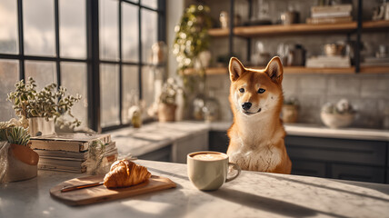 朝日浴びるキッチン柴犬ラテシーン