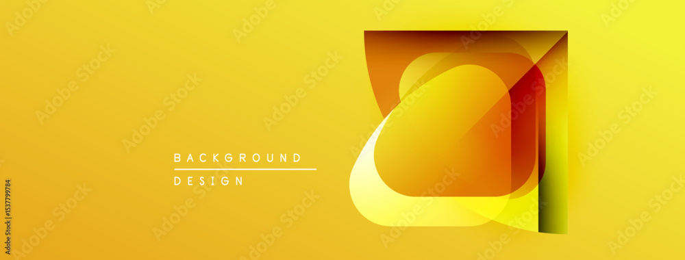 Poster Bright yellow background features abstract geometric shapes. Overlapping layers create dynamic visual effect. Modern design element.