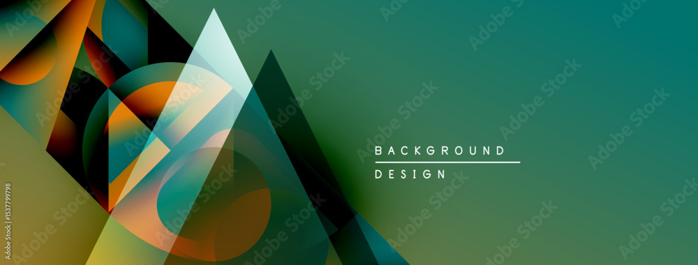 Poster abstract geometric shapes overlap, creating vibrant color gradients. teal dominates background, oran