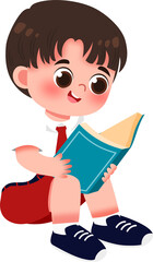Boy in uniform engrossed in a book, sitting with a red bag, cheerful cartoon style. Indonesian School Uniform.