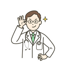 眼鏡を上げてニヤリと笑い自信を見せる若い男性医師