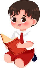 Smiling Boy in School Uniform Reading a Book, Seated Illustration.