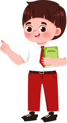 Cartoon schoolboy pointing upward, holding a green book, wearing red trousers and tie. Indonesian School Uniform.