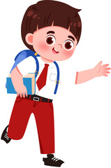 Animated schoolboy with book and backpack, red pants, reaching out.