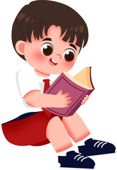 Smiling Boy in Uniform Seated Reading Book, Cartoon Illustration.