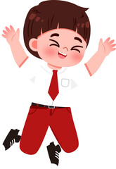 Happy Schoolboy Jumping, Red and White Uniform, Cartoon Illustration.