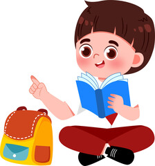 Boy with Book, Pointing Upward, Beside Backpack, Cartoon Style.