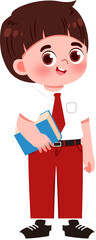 Smiling cartoon boy in school uniform holding books.