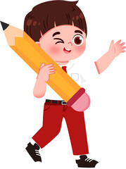 Fototapeta premium Winking Boy with Oversized Pencil in School Uniform, Cartoon Illustration.