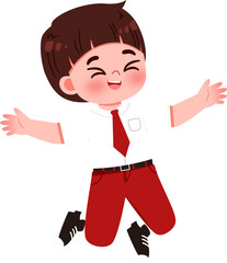 Joyful Cartoon Student in Red and White Uniform Leaping.