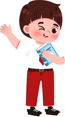 Winking Schoolboy with Book, Red Pants, Cartoon Illustration.