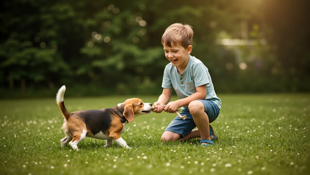Happy boy playing tug of war with his Beagle dog on a grassy lawn. Child and pet having fun with a rope toy outdoors. For pet store advertising, dog and puppy food, pet shelter. - Powered by Adobe
