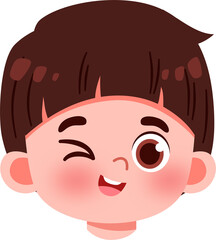 Winking Boy: Playful Cartoon Face with Brown Hair and Rosy Cheeks.