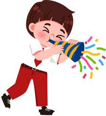 Joyful Boy Blowing Party Horn, Confetti Burst, Cartoon Illustration.