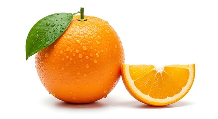 A whole orange with a green leaf and a slice, isolated on white.
