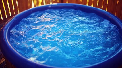 Circular hot tub with bubbling, clear, bright blue water