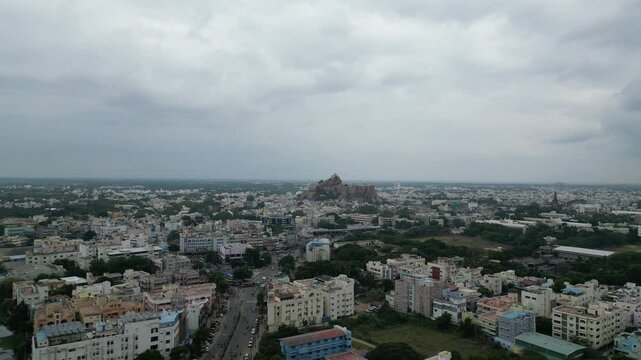 Aerial View of Trichy City with Rockfort Temple under Cloudy Sky &ndash; Tamil Nadu, India