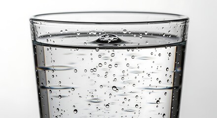 Close-up of a glass of clear, sparkling water, showing condensation on the outside.