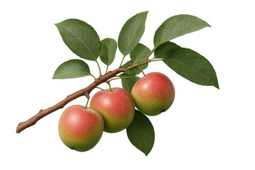 Studio shot of a branch holding three ripe red and green apples with green leaves, isolated on a transparent background