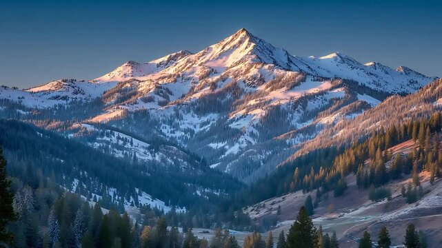 Majestic snow-capped mountain range at sunrise offers breathtaking views of winter landscape