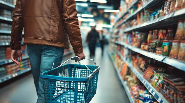 Customer carrying empty shopping basket walking down supermarket aisle, choosing products from shelves full of snacks, during grocery shopping