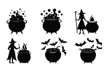 Silhouette illustrations of various witch cauldrons with bats and witch characters for halloween
