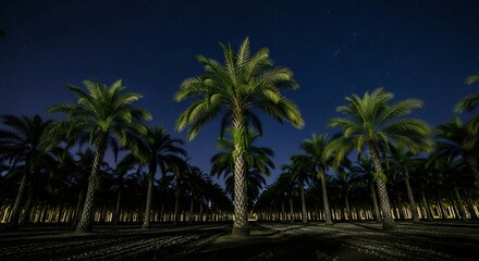 Fototapeta premium A symmetrical view of a palm tree plantation under a dark blue night sky.
