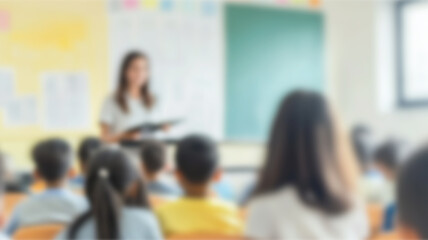 Blur abstract background teacher in front of classroom for meet the parent day. Blurry instructor teaching in school. Defocus open house day at campus for kindergarten students. Ai Generated Images