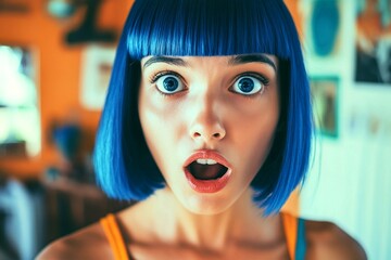 Commercial digital ads pattern. Stunning very amazed mixed-race girl - for ads, media and social networks promotion use. Short trim - blue hair. Vibrant hair campaign ideas. Unique advertising.