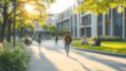 Blurred background of a vibrant scene showcasing students enjoying their time on a contemporary university campus, surrounded by modern architecture and lush greenery. Ai Generated Images