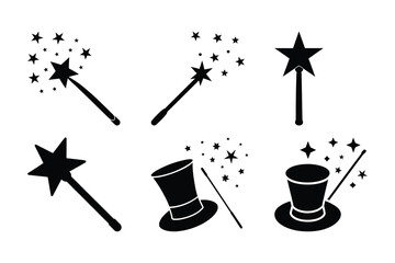 Set of black magic wand and top hat icons with sparkling stars vector illustration