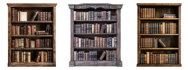 Antique Wooden Bookshelves with Classic Leather Bound Books, PNG bundle collection, Isolated on Transparent Background
