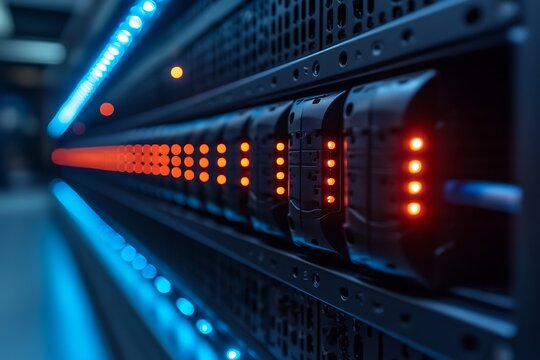 Server racks in a data center with operational lights and modern technology - Powered by Adobe