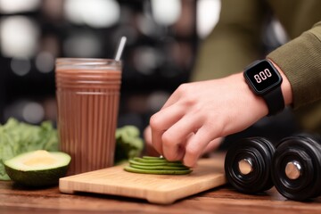 Close-up of a man's hand slicing avocado near dumbbells, protein shake, and smartwatch, symbolizing smart nutrition and active modern living.