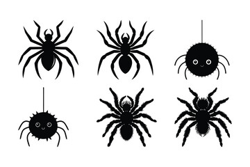 Obraz premium Silhouette illustrations of several spiders including cute cartoon arachnids and realistic versions