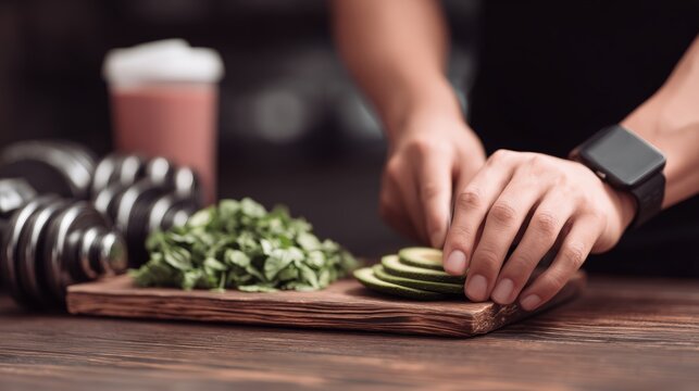 Close-up of a man's hand slicing avocado near dumbbells, protein shake, and smartwatch, symbolizing smart nutrition and active modern living.