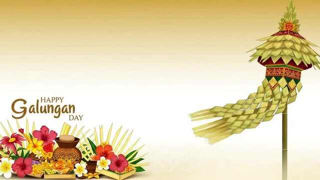 Happy Galungan Day Animation &ndash; Balinese Festival Poster Featuring Penjor Decoration and Floral Offerings to Celebrate Dharma Victory and Ancestral Spirits in Balinese Hindu Tradition