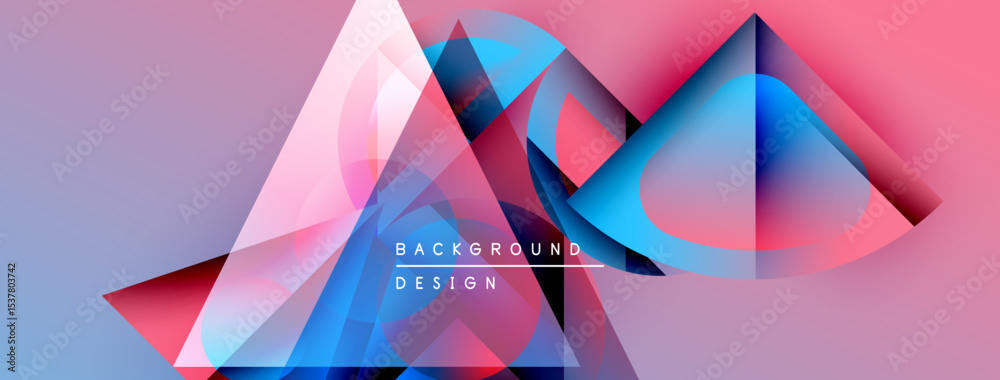 Poster abstract geometric shapes overlap, creating vibrant color gradients. design features pinks, blues, p