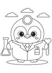Coloring book penguin dressed as a scientist in a lab coat, holding a flask and test tube