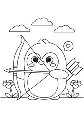 Coloring book penguin holding a bow and arrow with a sweet heart bubble